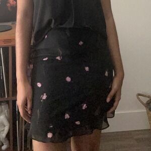 Casual Corner Annex Floral Mini Skirt Ruffle Hem Petite Black Pink 0